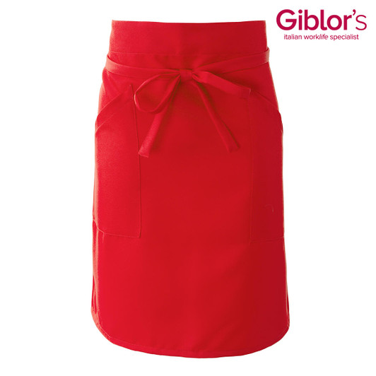 A red apron featuring a waist tie and two front pockets. It includes a logo on the upper right side.