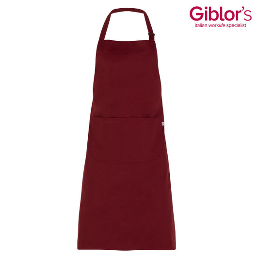 A maroon Zante apron with a front pocket and an adjustable neck strap, featuring a logo.