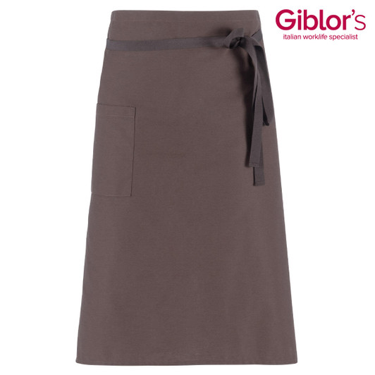 A brown apron with a tie waist and a side pocket, featuring a logo in the corner.