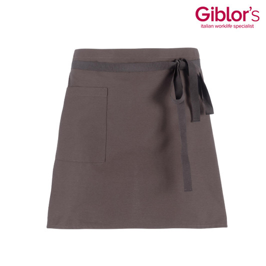 A brown apron featuring a waist tie and a pocket; includes branding.