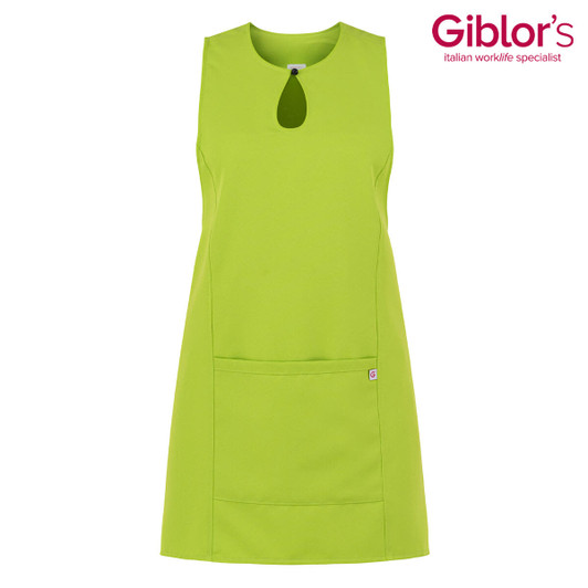 A lime green apron featuring a keyhole neckline and a front pocket; includes a logo in the corner.