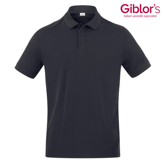 A black polo shirt with a collar and three buttons, featuring a logo on the top right corner.