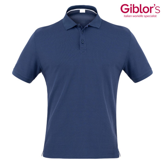A navy polo shirt with a collar and button placket, featuring a logo in the top corner.