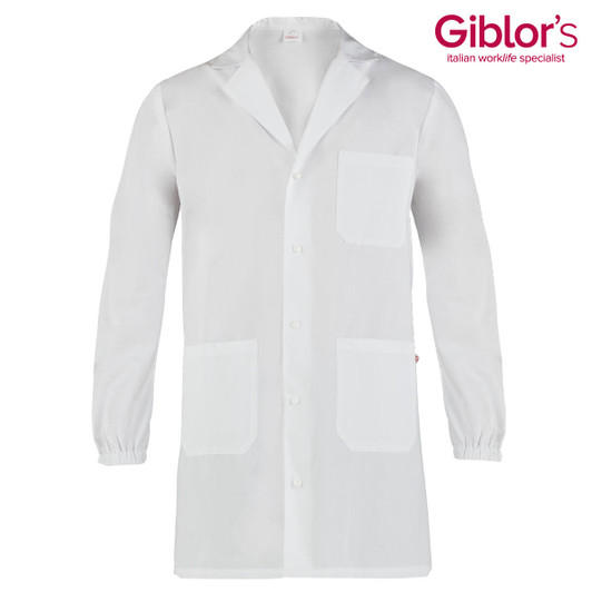 A white lab coat featuring long sleeves and two front pockets, with a logo in the corner.