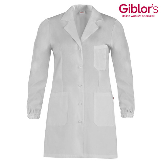 A white lab coat featuring long sleeves, a button front, and two front pockets. It has a branding logo.