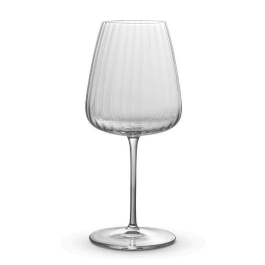 A wine glass with a ribbed design, made of clear glass, featuring a tall stem and a wide bowl.