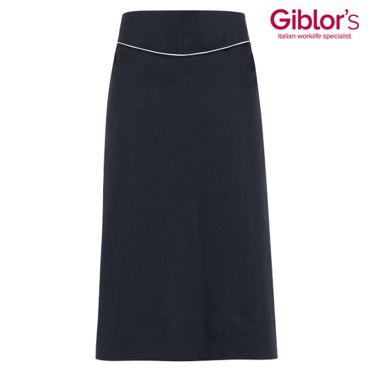 A black apron with a fitted waist and a subtle white trim, featuring a logo in the top corner.