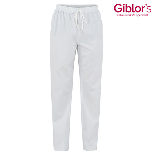 White pants with an elastic waistband and drawstring. The design includes a logo in the top right corner.