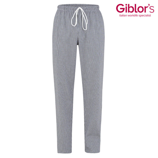 Striped navy and white pants with an elastic waistband and drawstring. Features a logo at the top right.