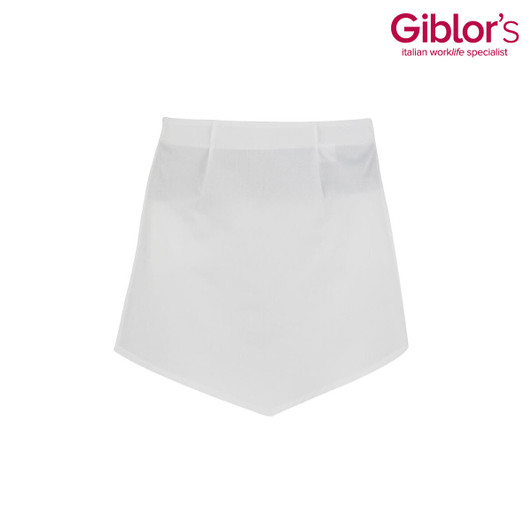 A white apron with a simple design and a logo on the top right corner.