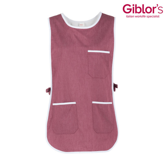 A maroon pinafore with white trim and multiple pockets. It features an adjustable tie at the back and a logo.
