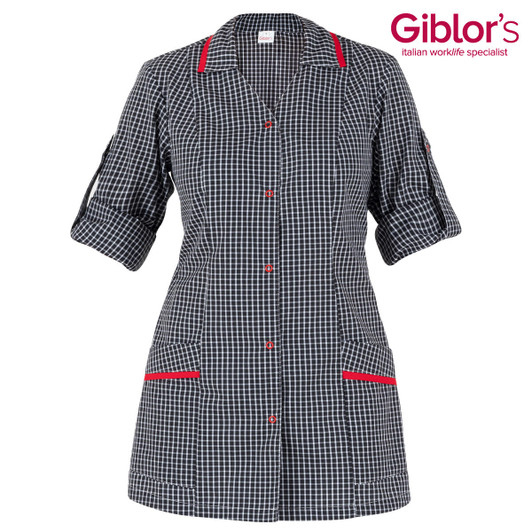 A checkered shirt dress in black and white with red accents and pockets, featuring a logo on the top right.