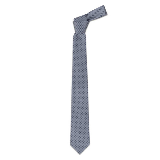 A cravat tie in a light blue colour with a polka dot pattern and a slender design. It features a branding logo.