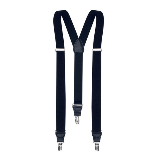 A pair of navy blue braces with silver clips and a leather-like centre connector.