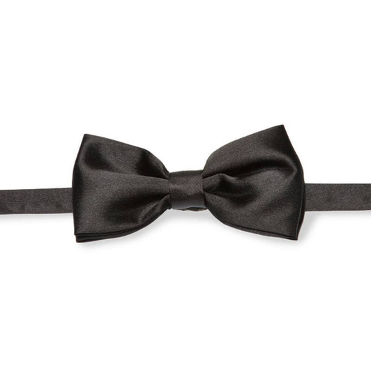 A glossy black bow tie on a satin strap, featuring a smooth texture and a simple design.