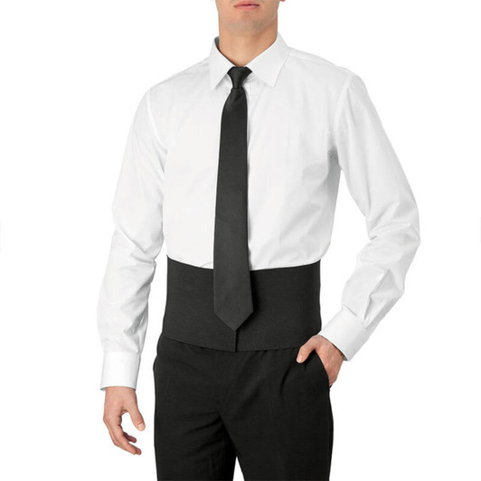 A black cummerbund worn over a white dress shirt and black tie, featured on a male mannequin.