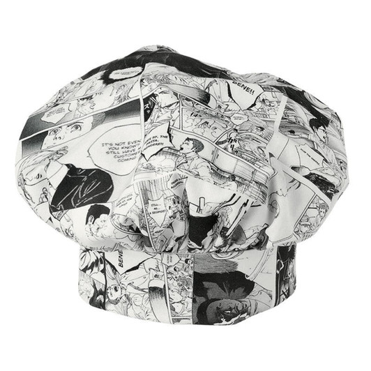 A chef hat featuring a black and white comic strip design with various illustrated panels.