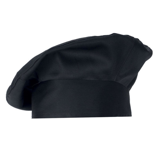 A black chef hat with a wide band and soft, rounded shape, featuring a logo.