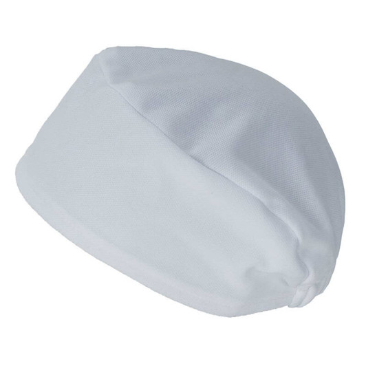 A white bandana with a smooth, fitted design and a slight sheen. Includes branding on the side.