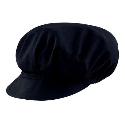A navy blue cap with a round, structured design and a short brim. It features a gathered fabric style and a logo.
