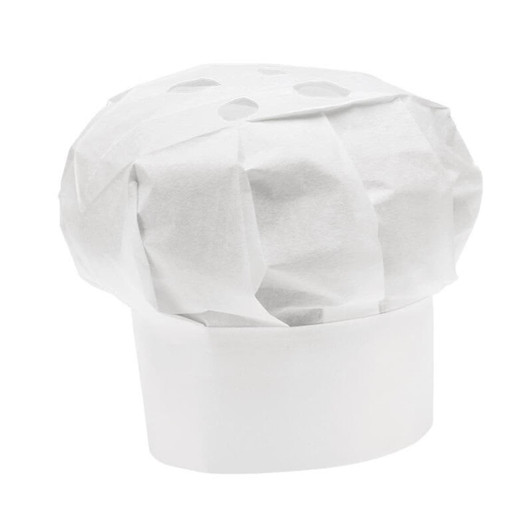 A white chef hat made of paper, featuring decorative holes on top, presented upright.