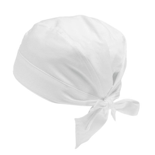 A white bandana with a tied knot, featuring a simple design suitable for various occasions.