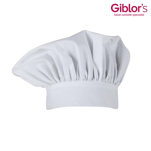 A white chef hat featuring a wide, puffy design and an elastic band. Includes branding in the corner.