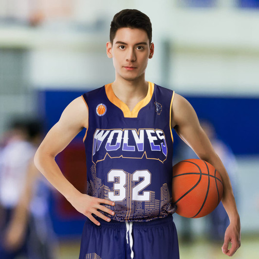 A men's basketball top in navy blue and gold, featuring a logo and the number 32, displayed on a model holding a basketball.