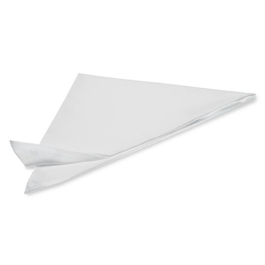 A white triangular napkin folded in a stylish design, featuring a logo. Sold in a two-pack.