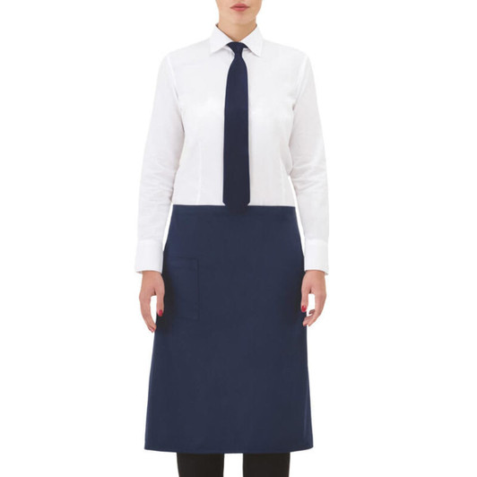 A navy apron worn over a white shirt and tie, featuring a front pocket and a simple design.
