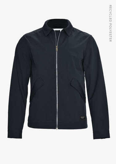 A unisex jacket in navy blue featuring a zip front and side pockets, made from recycled polyester.