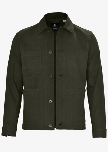A dark green unisex shirt jacket featuring front pockets and buttons, with a logo on the label.