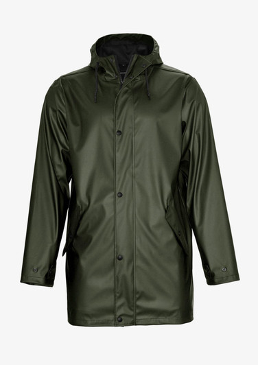 A green unisex jacket featuring a hood, front buttons, and side pockets. It has a smooth, shiny finish and includes a logo.