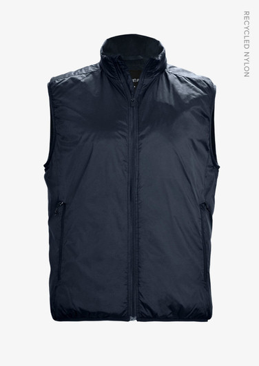 A navy unisex vest made of recycled nylon, featuring a full zip and side pockets. It has a logo on the front.