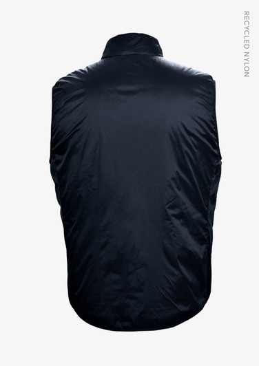 A navy unisex vest made from recycled nylon with a high collar and no visible fastenings.