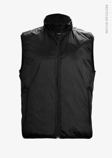 A black unisex vest made from recycled nylon, featuring a zip closure and side pockets, with a logo on it.
