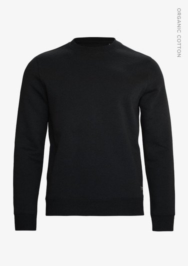 A black unisex sweatshirt featuring a crew neckline and long sleeves, made from organic cotton. It includes a logo.