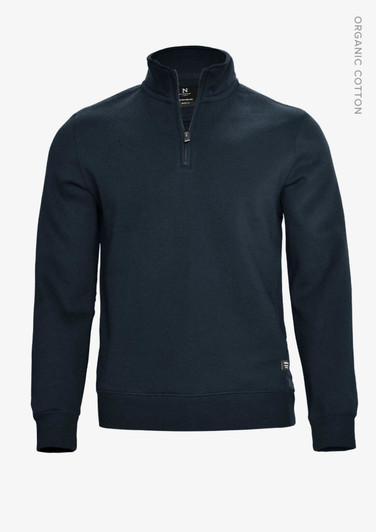 A navy unisex sweatshirt with a half zip and long sleeves, featuring a small logo on the lower side.