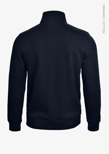 A dark navy unisex sweatshirt with a high neckline and a logo on the back. Made from organic cotton.