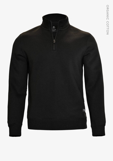 A black unisex sweatshirt featuring a zippered collar and a branded label on the hem.