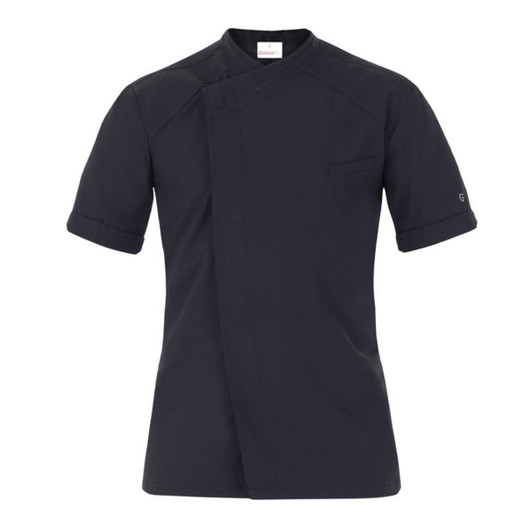 A black chef jacket with short sleeves, featuring a single pocket and a logo on the sleeve.