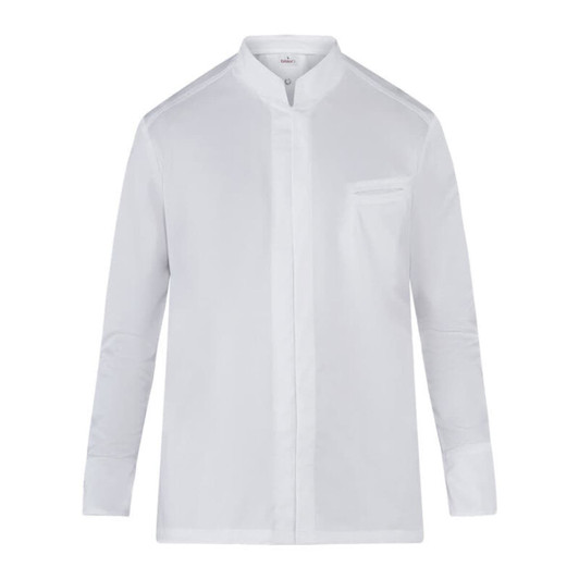A white long-sleeve shirt with a mandarin collar and a small chest pocket, features a logo on the label.