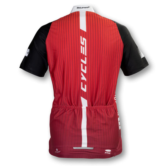 A red and black custom men's cycling top featuring vertical stripes and a logo on the back.