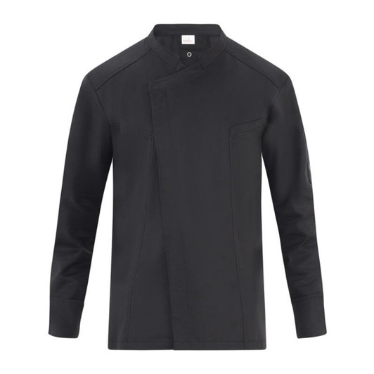 A black chef jacket featuring a modern design, long sleeves, and a logo on the sleeve.