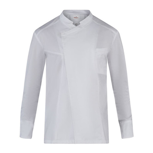 A white chef jacket with long sleeves, featuring a stylish design and a chest pocket. It has a logo on it.
