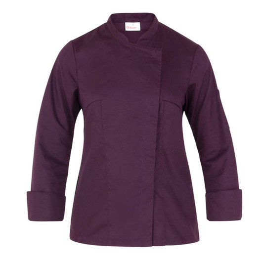 A purple chef jacket with long sleeves, featuring a rounded collar and a branding logo.