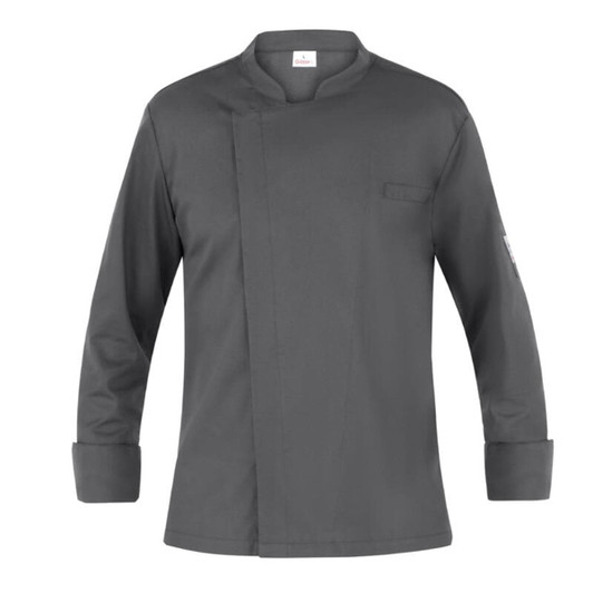 A grey jacket with a unique collar design, featuring long sleeves and a single chest pocket. Includes a logo on the sleeve.
