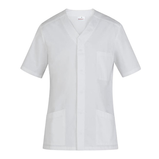 A white tunic with short sleeves and multiple pockets, featuring a logo on the label.