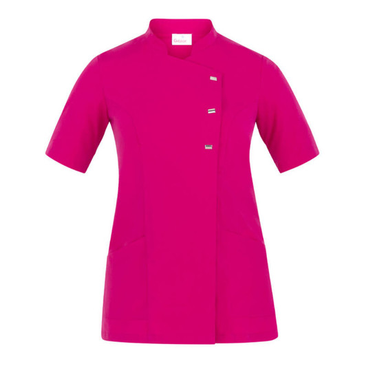 A fuchsia tunic with short sleeves, featuring a round collar and three buttons, along with pockets on the sides.