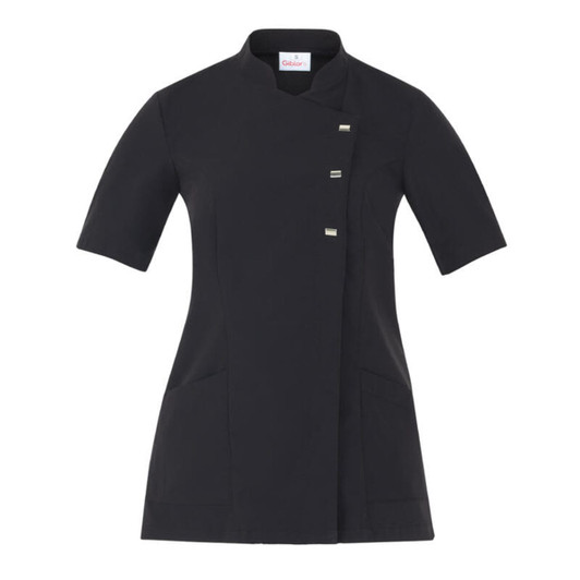 A black tunic featuring short sleeves, a high collar, and three decorative buttons with pockets. It has a logo.